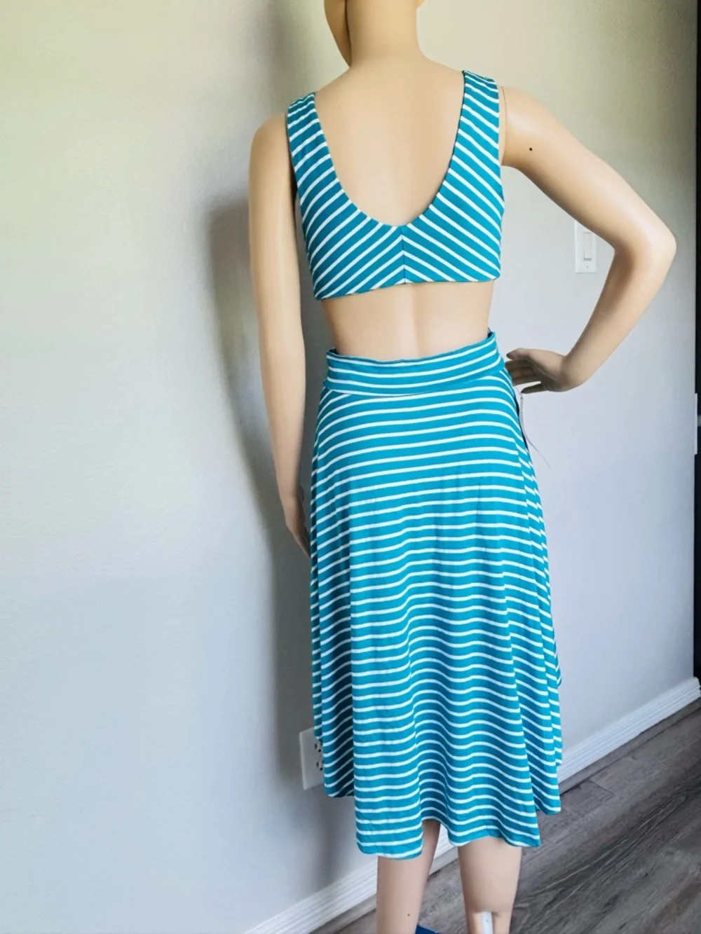 bebe Teal and White Striped High-Low Cutout Dress open back NWT - Picture 3 of 14